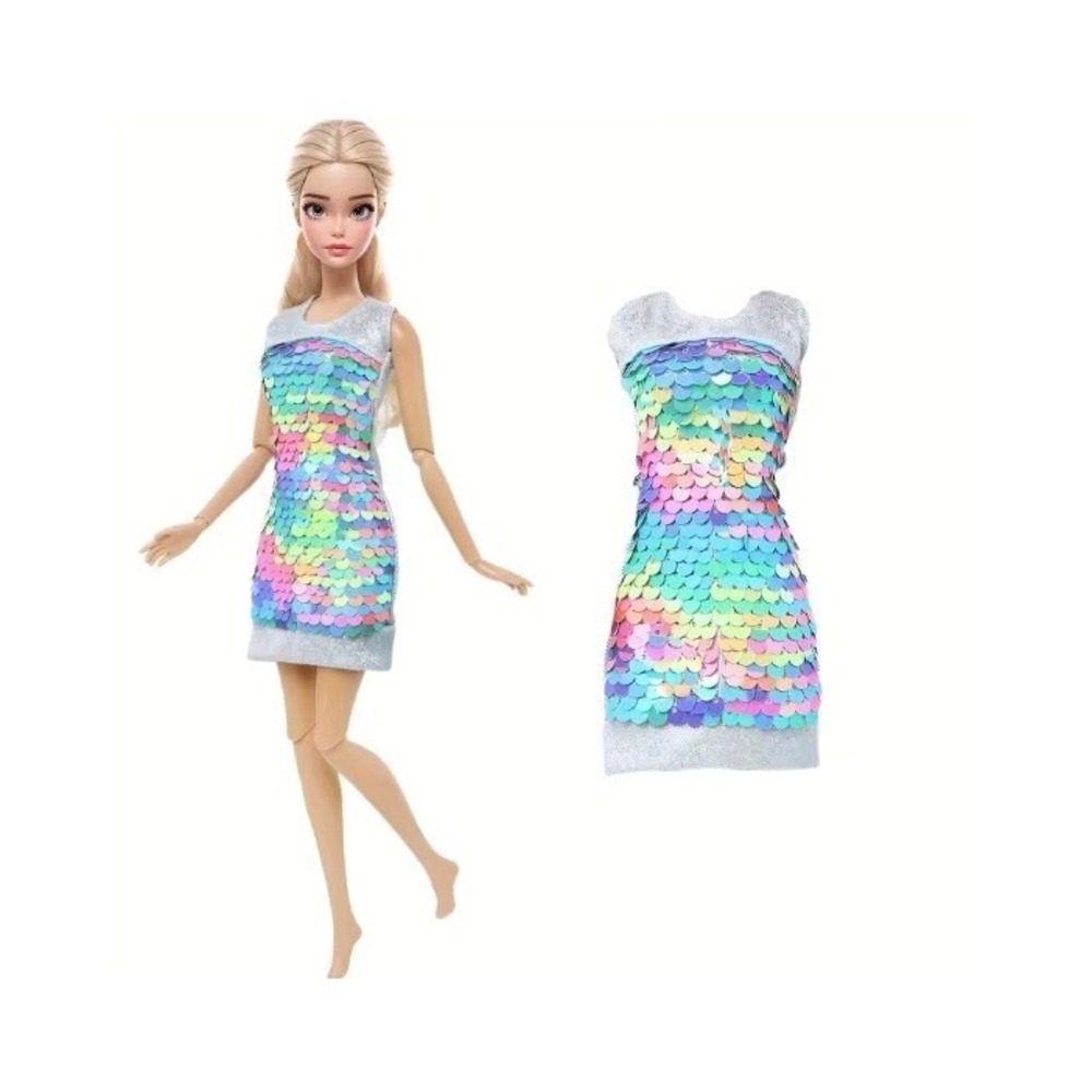 Silver Metallic Sequined Cocktail Evening Dress Outfit For 11.5 in Fashion Doll